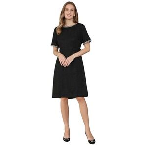 Hobemty‎ Black Tweed Shift Dress with Embellished Neckline and Cuffs Size M NWT